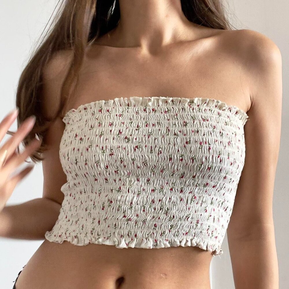 Brandy Melville | "Cleo" white pink floral smocked tube top | One Size